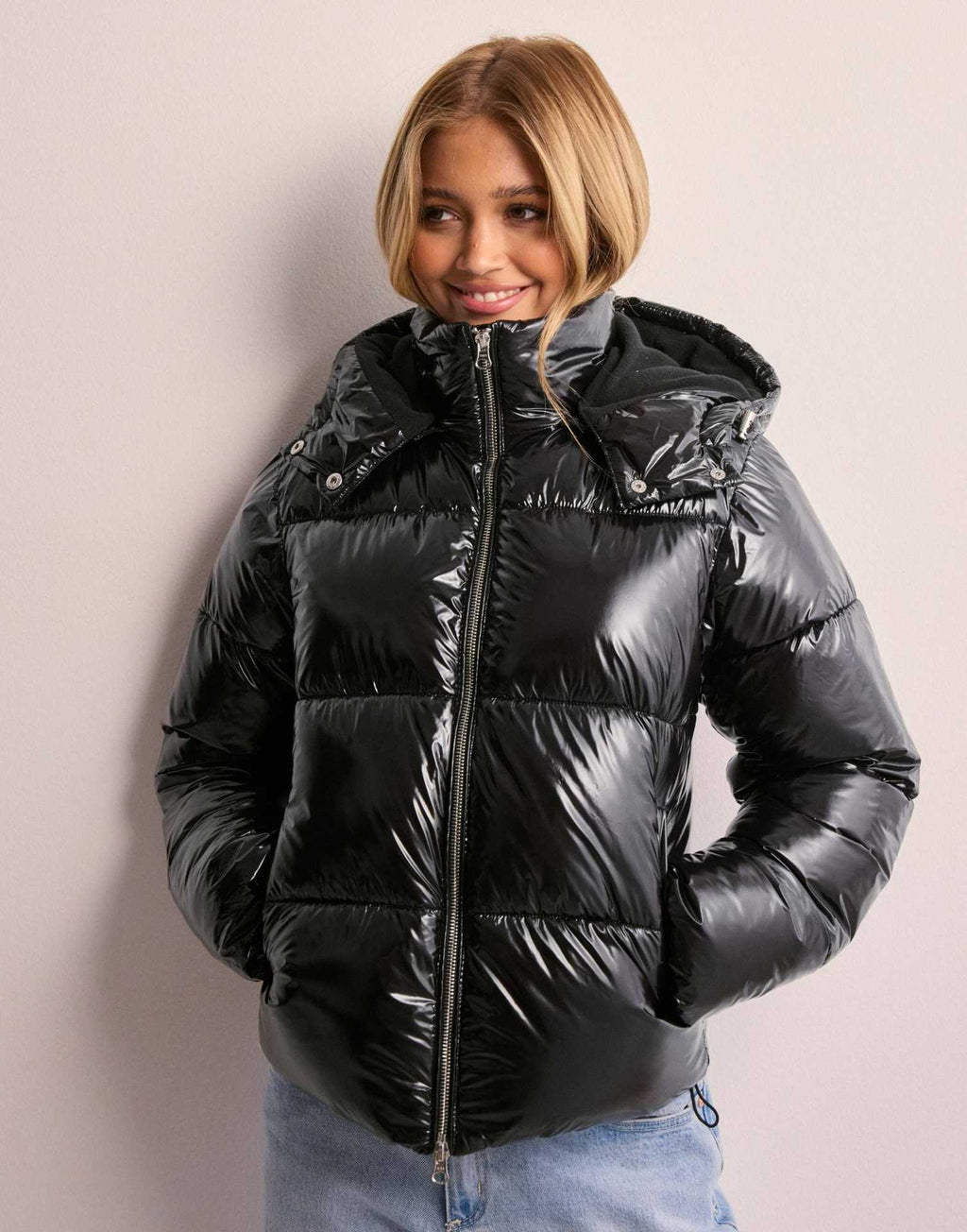 Womens Shiny Puffer Jacket | Removable Hood
