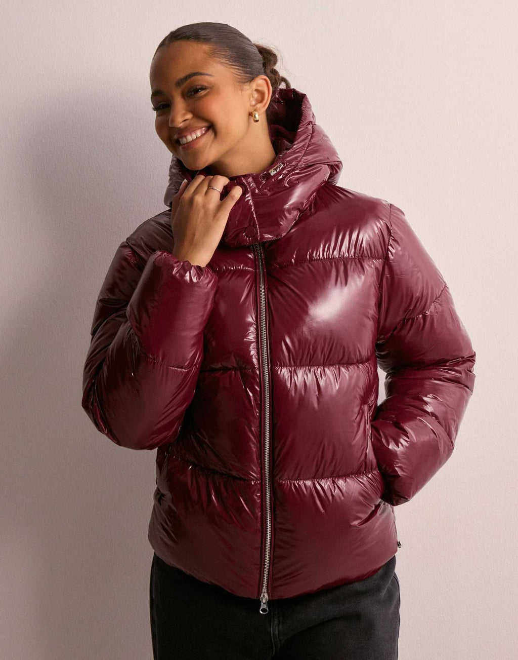 Womens Shiny Puffer Jacket | Removable Hood