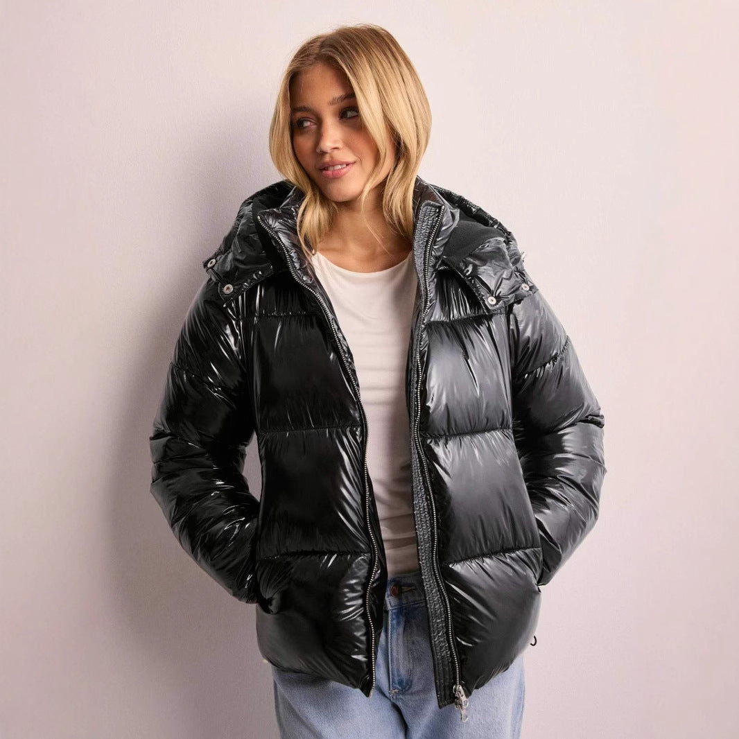 Womens Shiny Puffer Jacket | Removable Hood