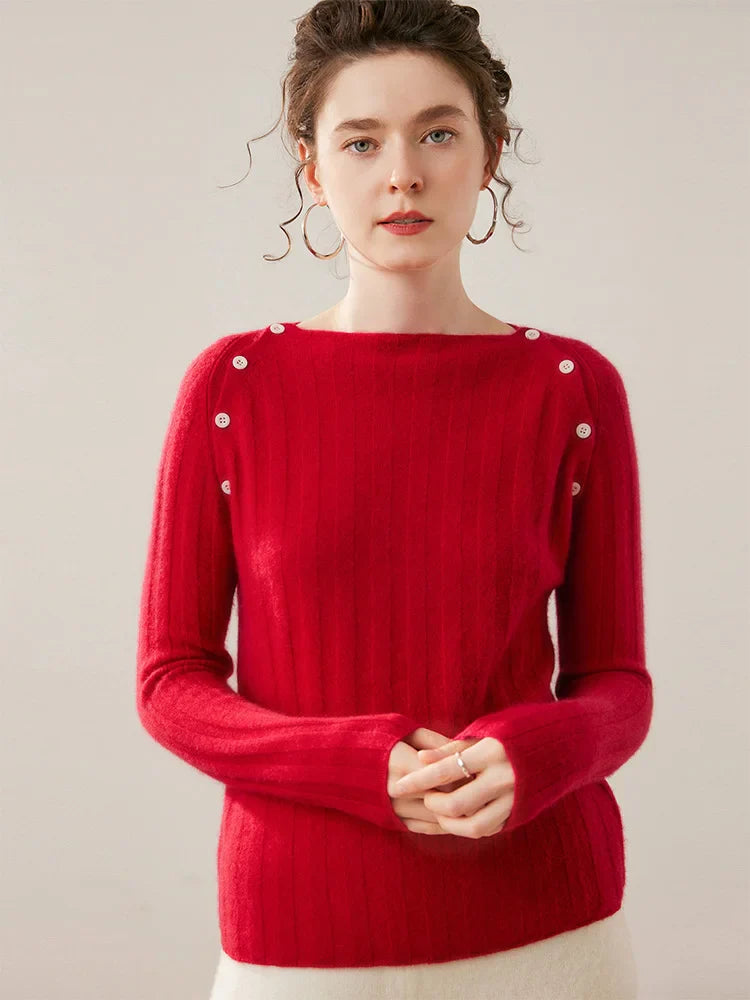 Womens Ribbed Sweater | Shoulder Button Knit Top