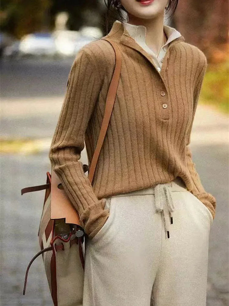 Womens Ribbed Polo Sweater | Button Collar Knit