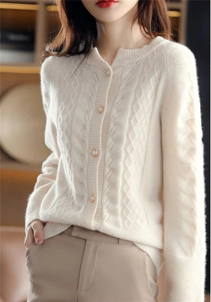 Womens Pearl Button Cardigan | Cable Pattern Knit