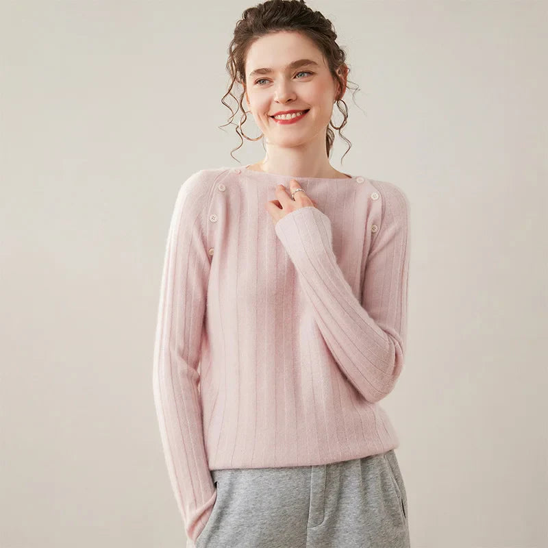 Womens Ribbed Sweater | Shoulder Button Knit Top