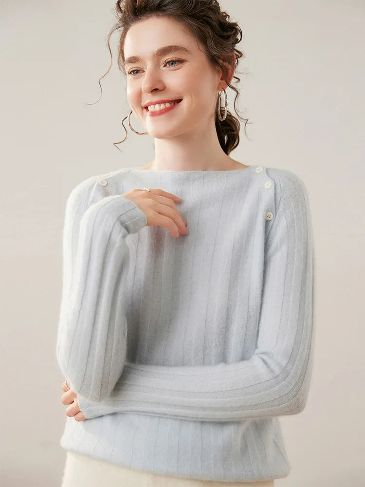 Womens Ribbed Sweater | Shoulder Button Knit Top
