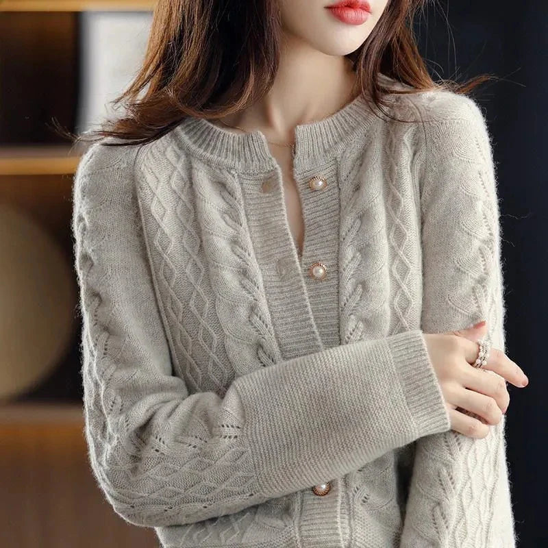 Womens Pearl Button Cardigan | Cable Pattern Knit