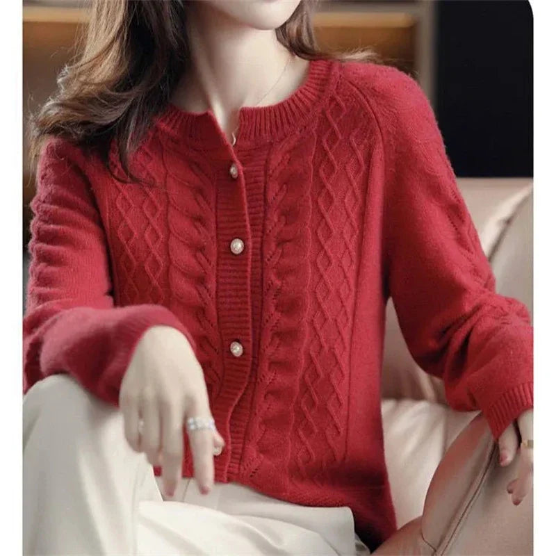 Womens Pearl Button Cardigan | Cable Pattern Knit