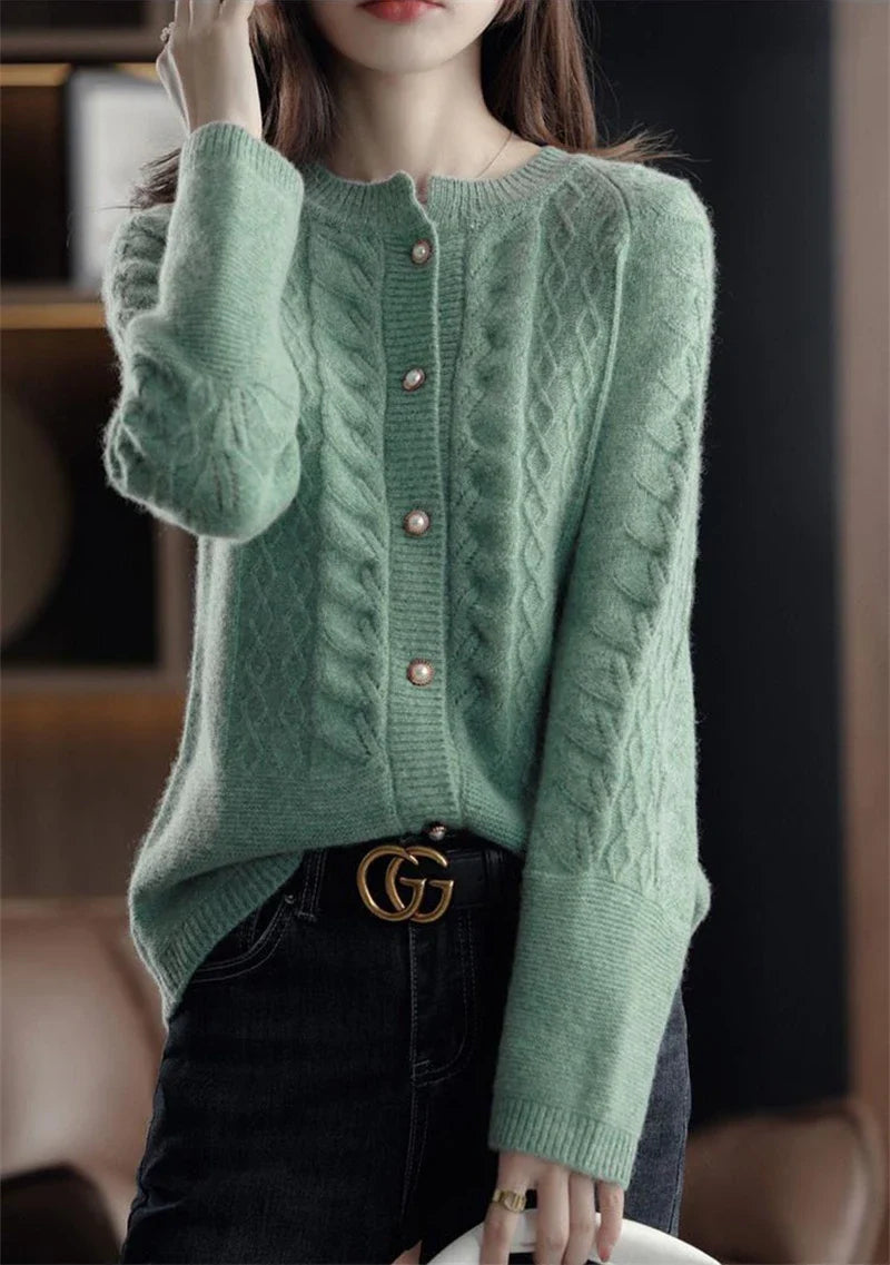 Womens Pearl Button Cardigan | Cable Pattern Knit