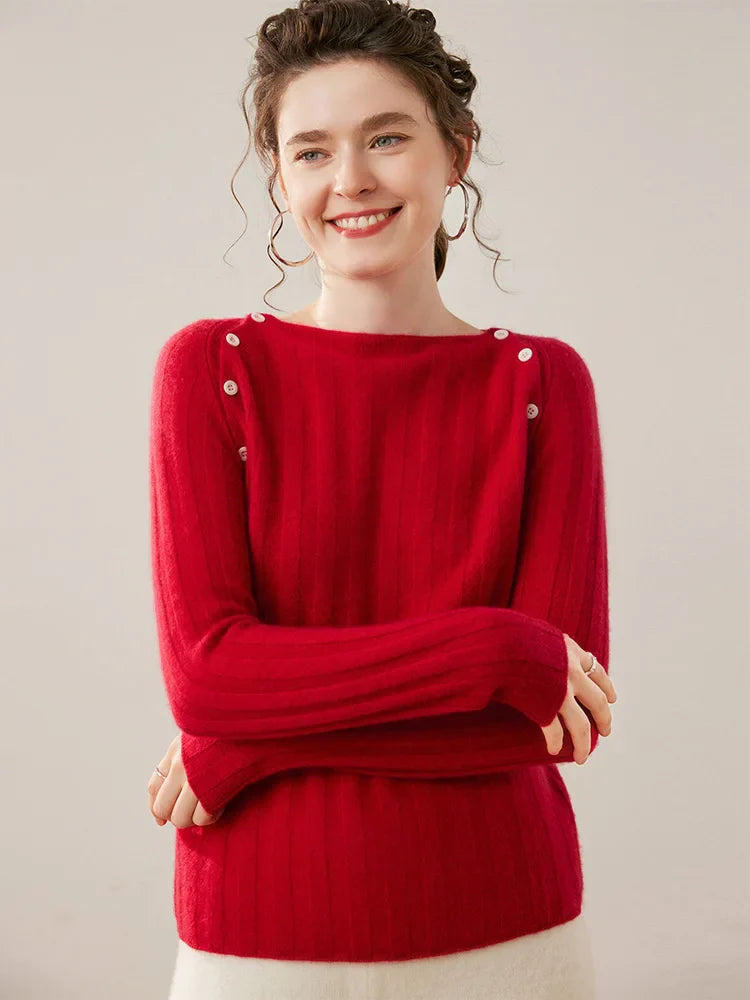 Womens Ribbed Sweater | Shoulder Button Knit Top