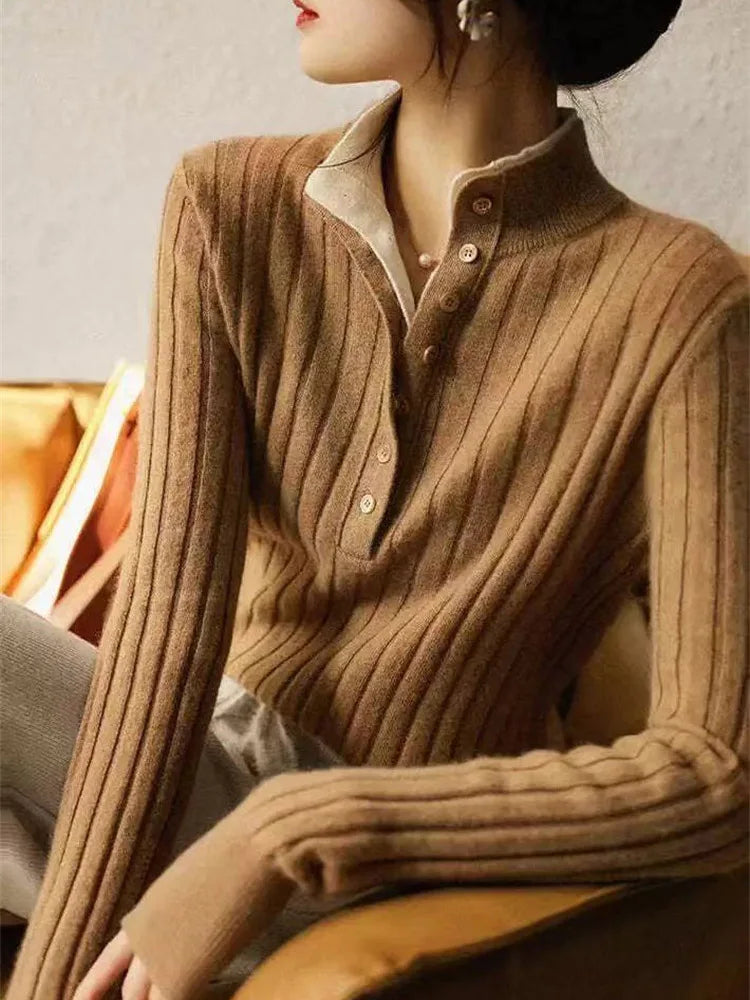Womens Ribbed Polo Sweater | Button Collar Knit