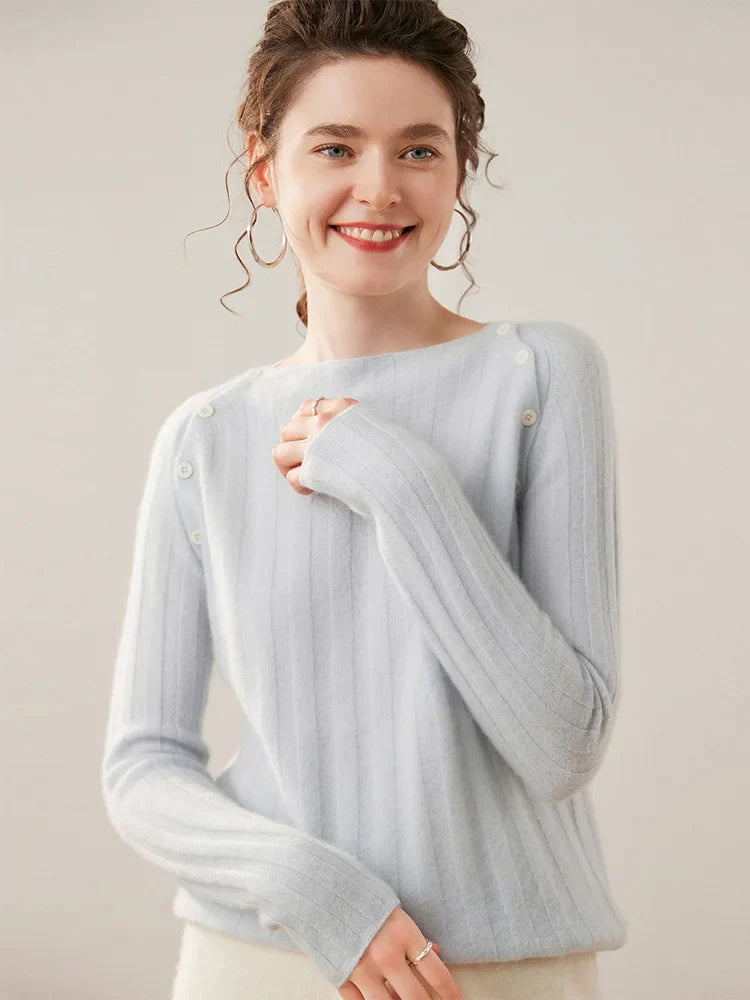 Womens Ribbed Sweater | Shoulder Button Knit Top