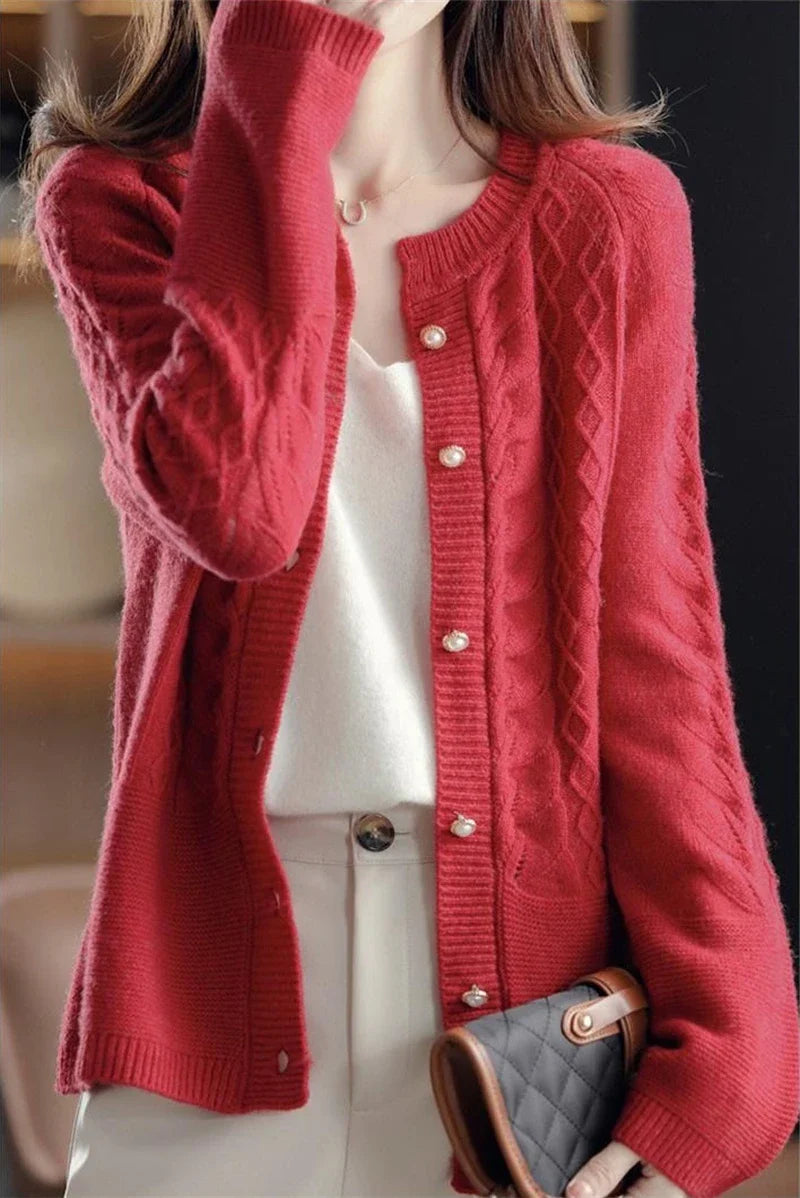 Womens Pearl Button Cardigan | Cable Pattern Knit