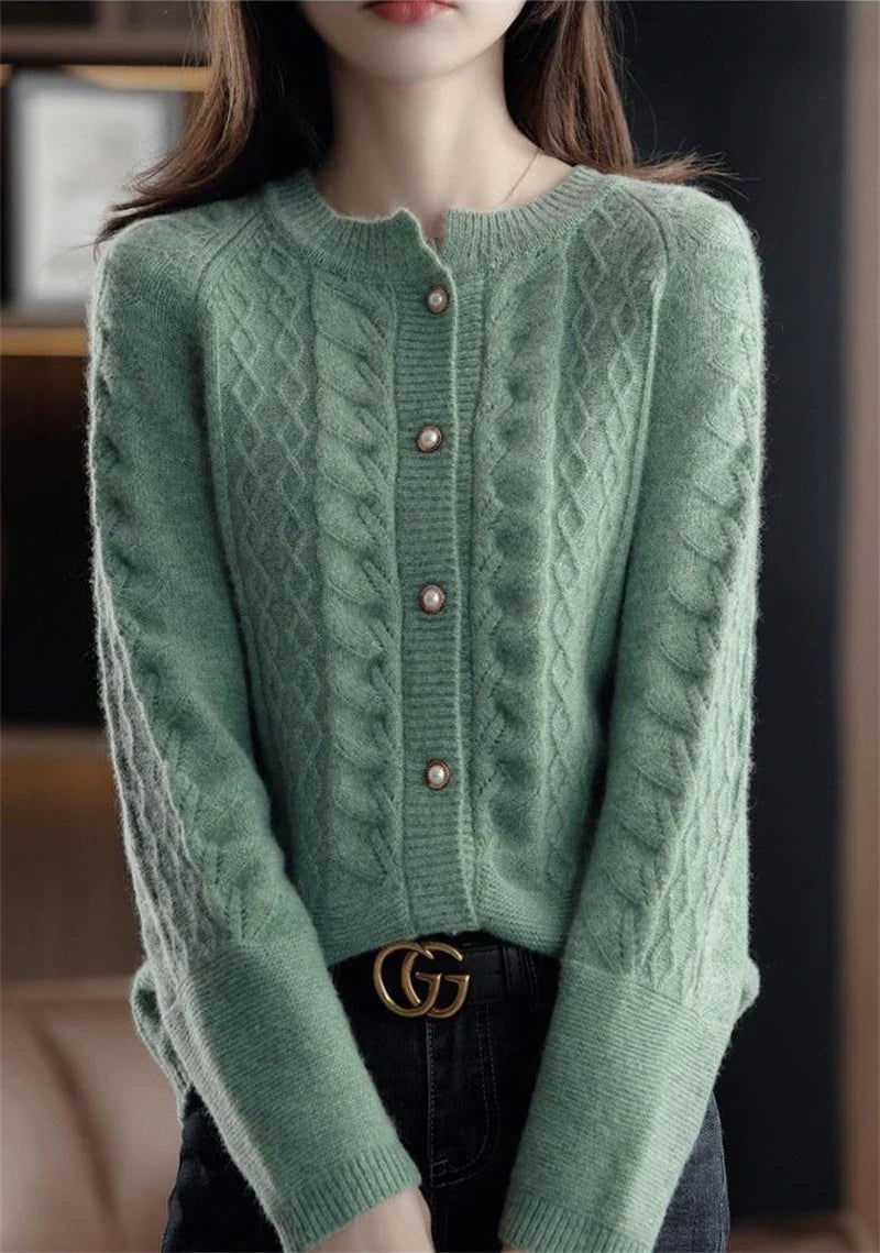 Womens Pearl Button Cardigan | Cable Pattern Knit