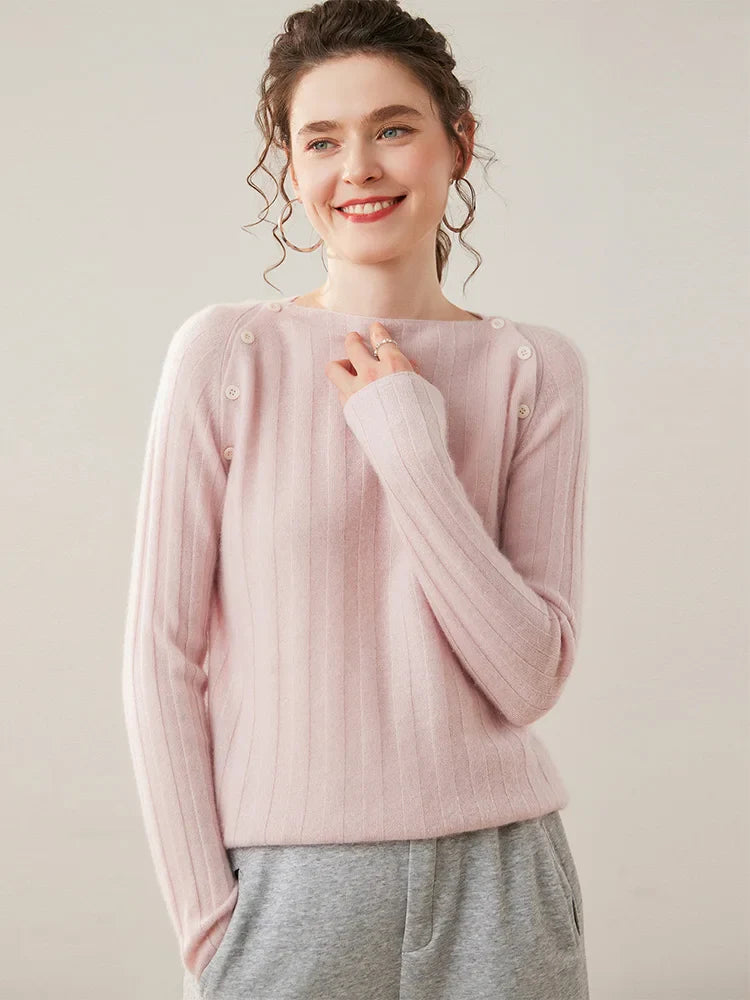 Womens Ribbed Sweater | Shoulder Button Knit Top