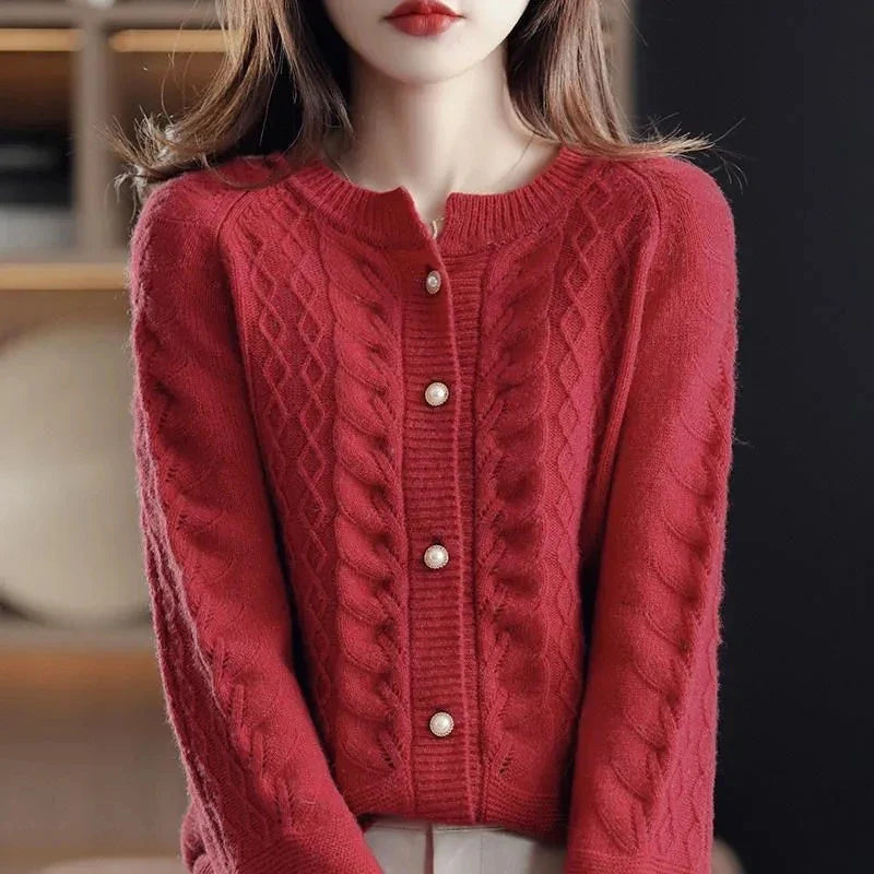 Womens Pearl Button Cardigan | Cable Pattern Knit