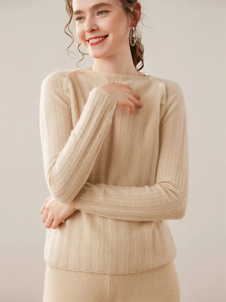 Womens Ribbed Sweater | Shoulder Button Knit Top