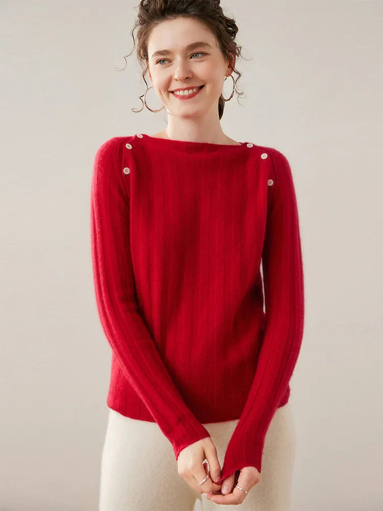 Womens Ribbed Sweater | Shoulder Button Knit Top
