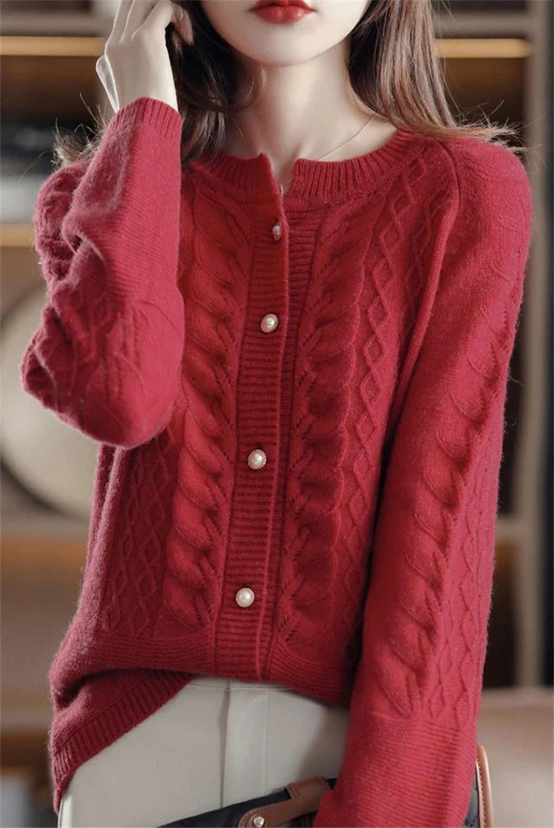 Womens Pearl Button Cardigan | Cable Pattern Knit