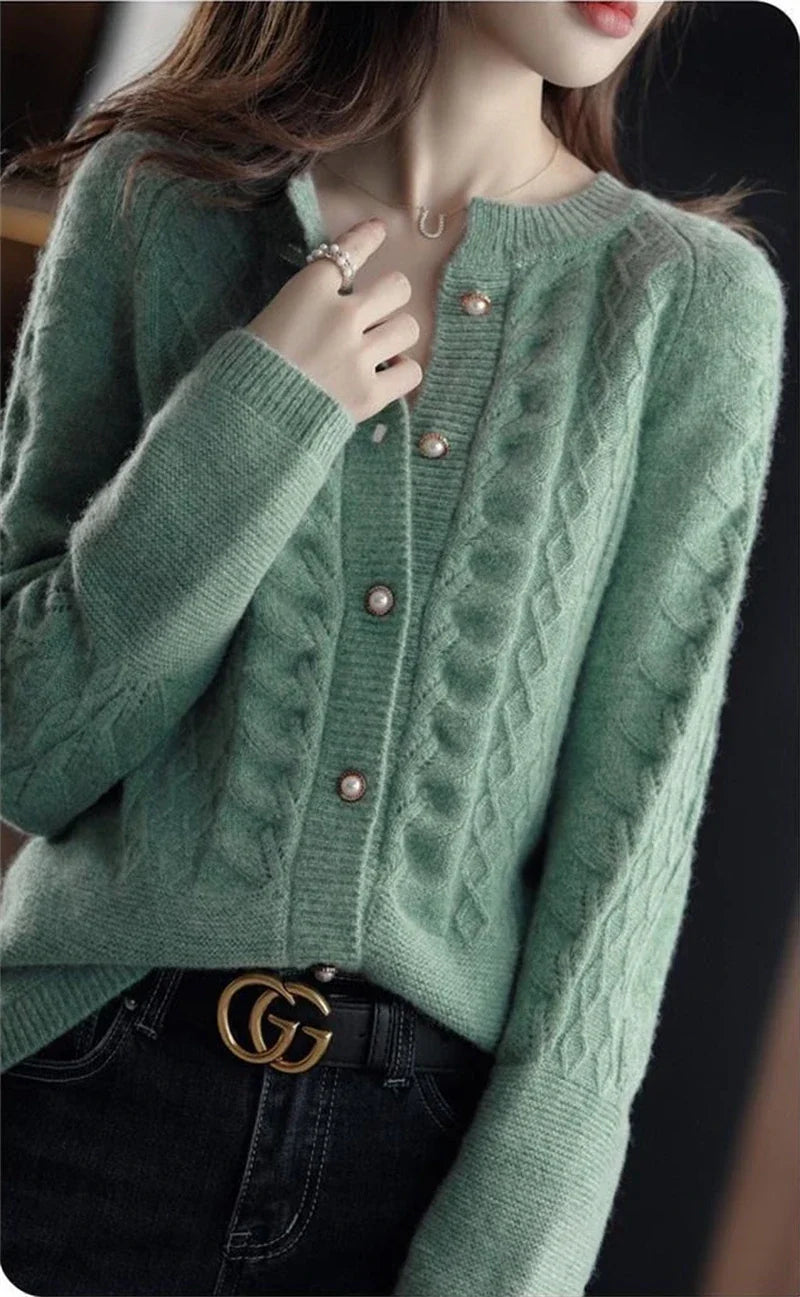 Womens Pearl Button Cardigan | Cable Pattern Knit