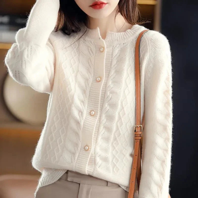 Womens Pearl Button Cardigan | Cable Pattern Knit