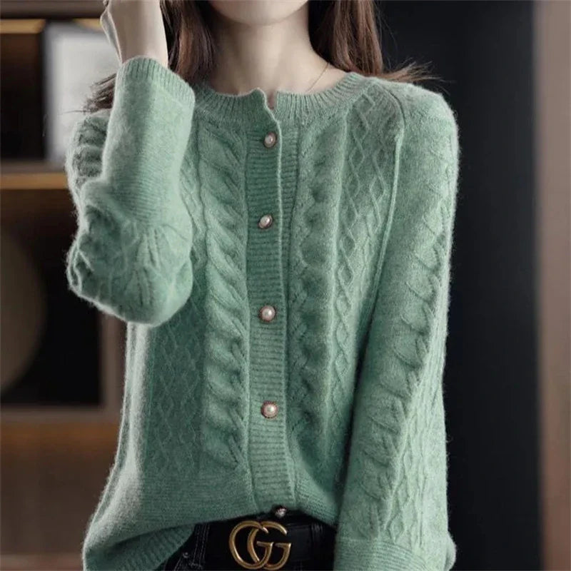Womens Pearl Button Cardigan | Cable Pattern Knit