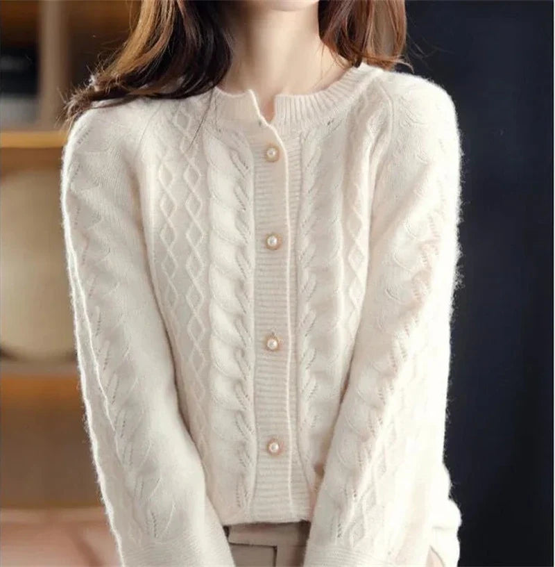 Womens Pearl Button Cardigan | Cable Pattern Knit