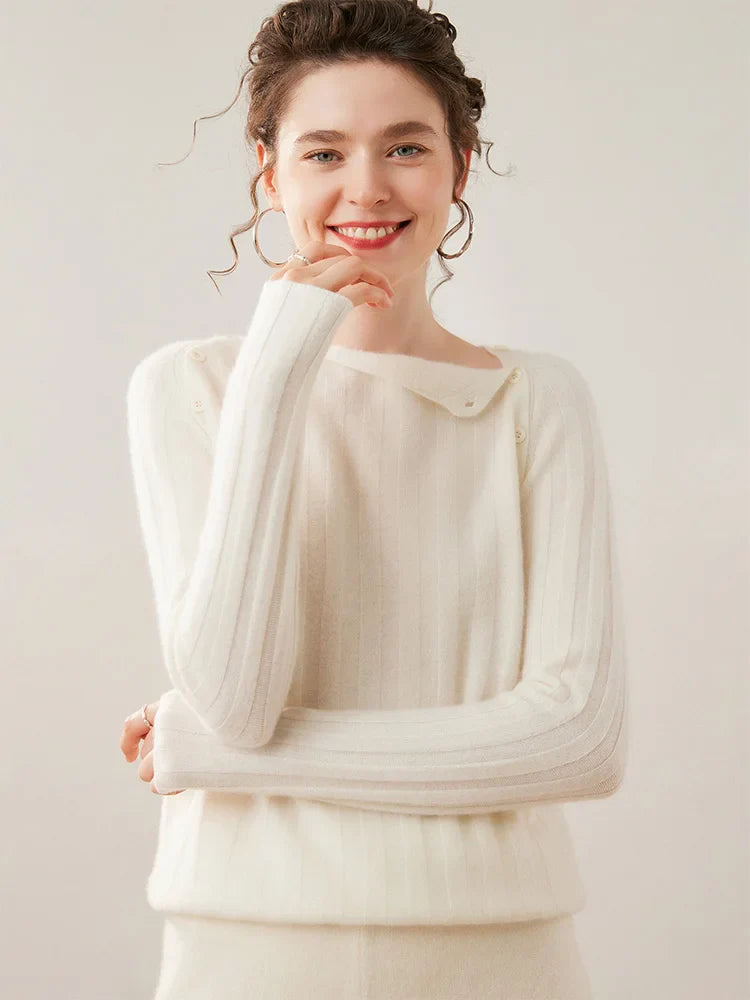 Womens Ribbed Sweater | Shoulder Button Knit Top