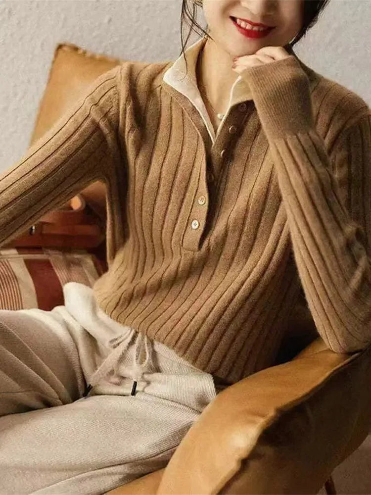 Womens Ribbed Polo Sweater | Button Collar Knit