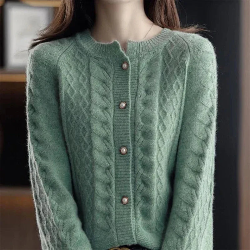 Womens Pearl Button Cardigan | Cable Pattern Knit
