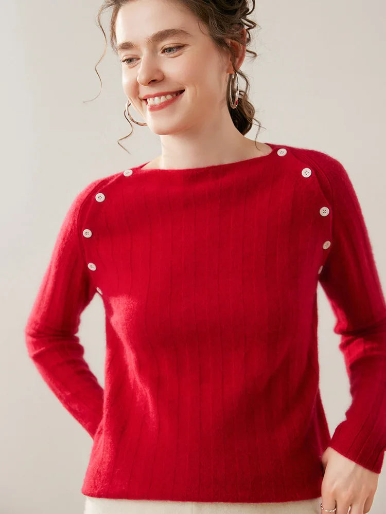 Womens Ribbed Sweater | Shoulder Button Knit Top