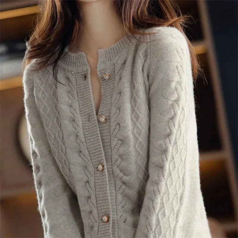 Womens Pearl Button Cardigan | Cable Pattern Knit
