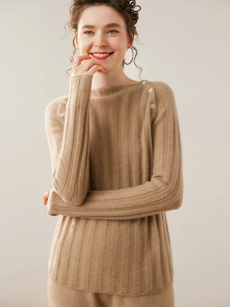 Womens Ribbed Sweater | Shoulder Button Knit Top