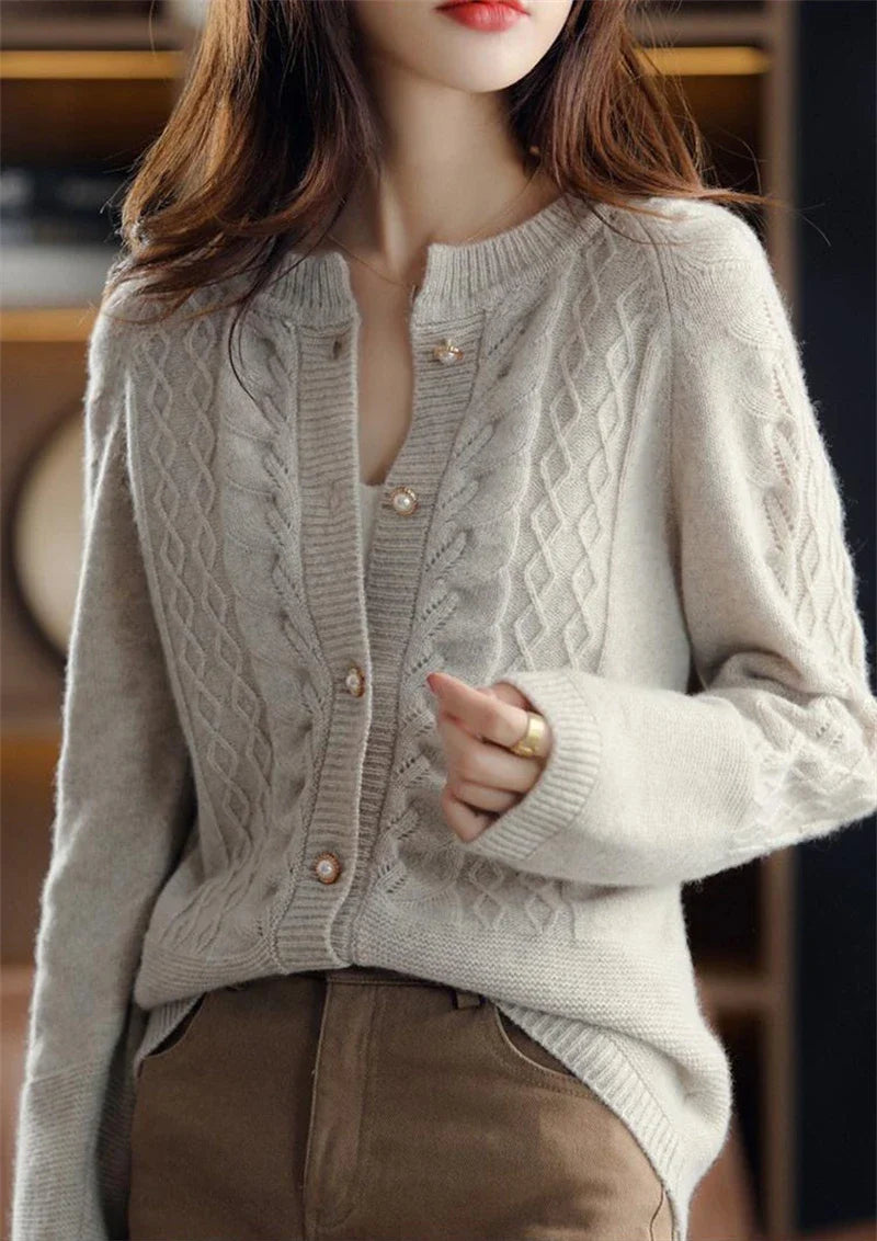 Womens Pearl Button Cardigan | Cable Pattern Knit