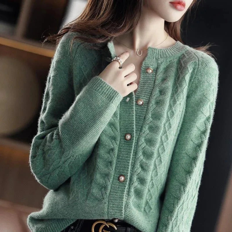 Womens Pearl Button Cardigan | Cable Pattern Knit