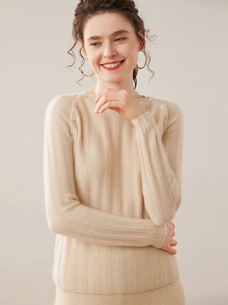 Womens Ribbed Sweater | Shoulder Button Knit Top