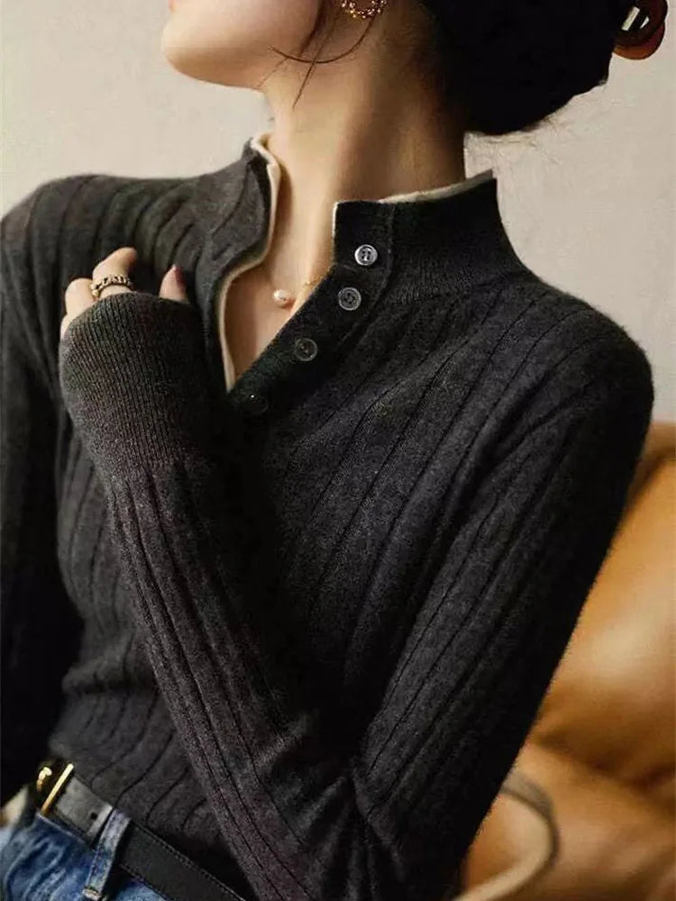 Womens Ribbed Polo Sweater | Button Collar Knit