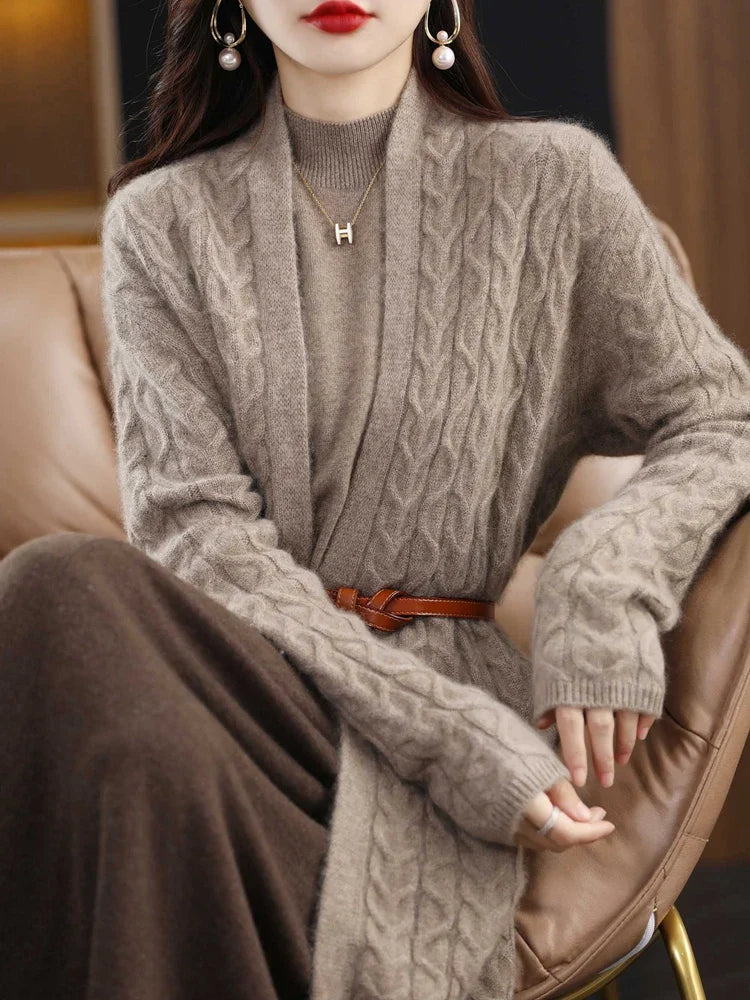 Womens Cable Twist Cardigan | Long Knit Layer