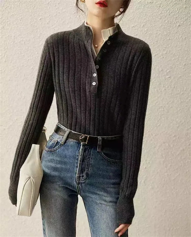 Womens Ribbed Polo Sweater | Button Collar Knit