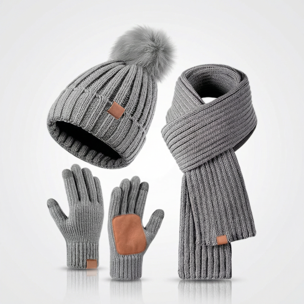 3-Piece Winter Knit Hat Scarf Gloves Set with Touchscreen Gloves