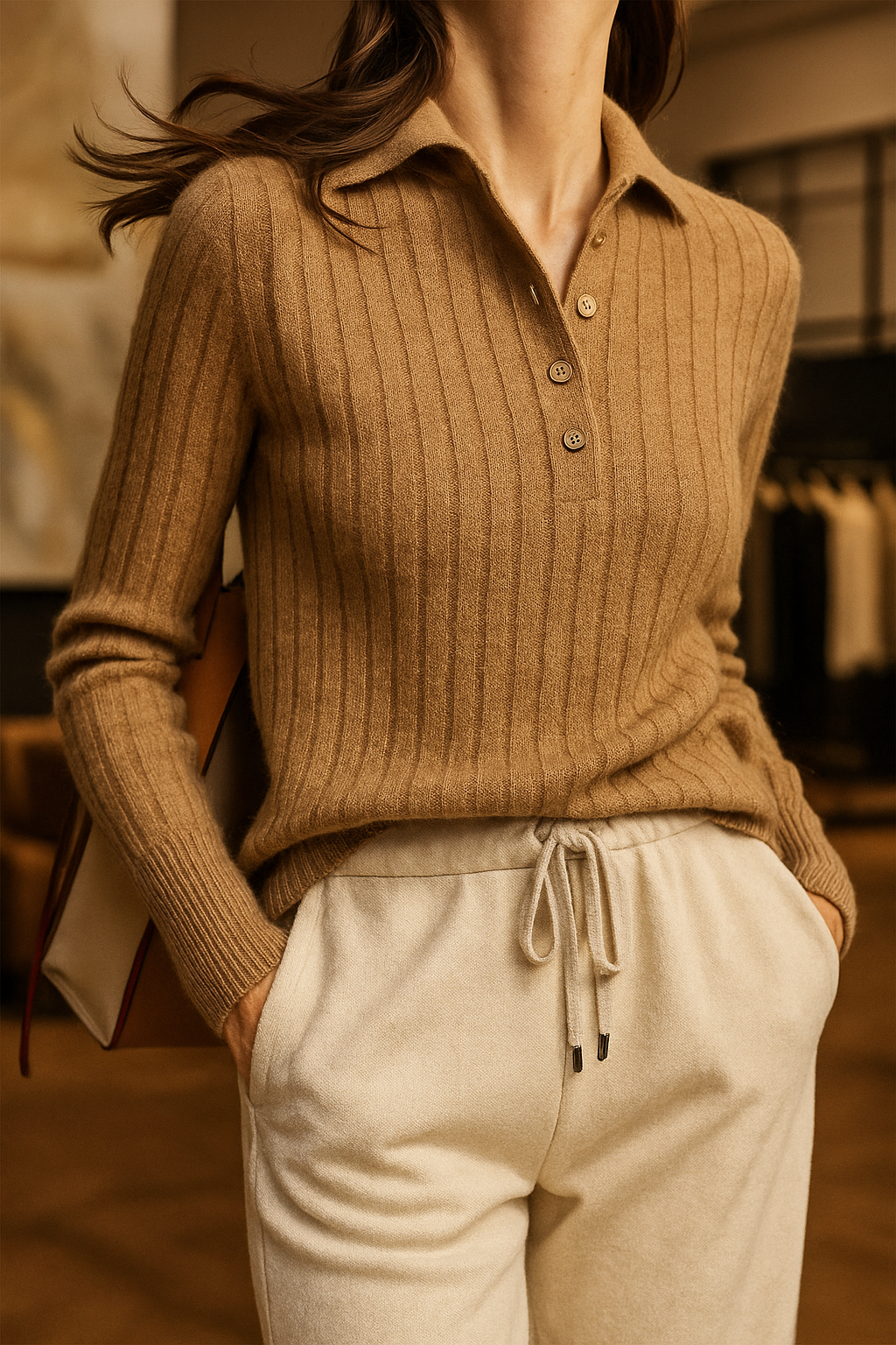 Womens Ribbed Polo Sweater | Button Collar Knit