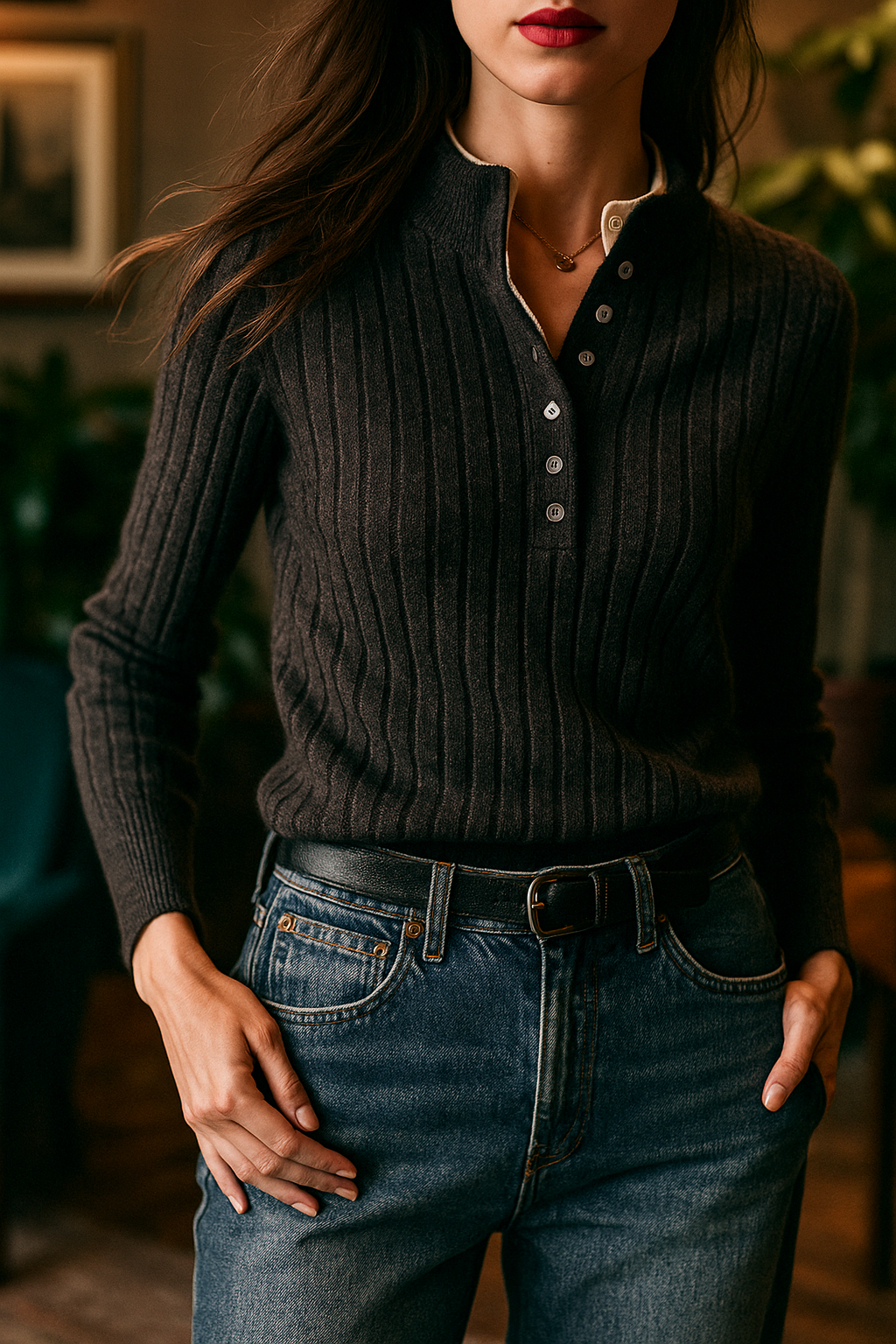 Womens Ribbed Polo Sweater | Button Collar Knit