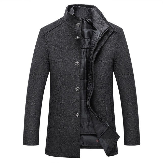 Mens Button Front Long Coat | Structured Stand Collar Style