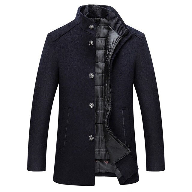 Mens Button Front Long Coat | Structured Stand Collar Style